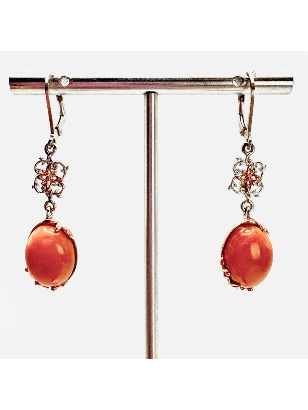 BBJ Coral & Sterling Silver 925 Dangle Earrings Filigree Scroll Design Lever Bac
